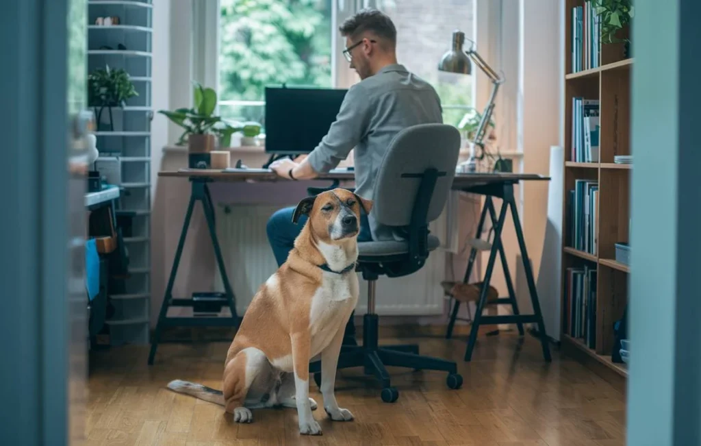 Un chien assis à côté de son maître qui travail à son bureau.