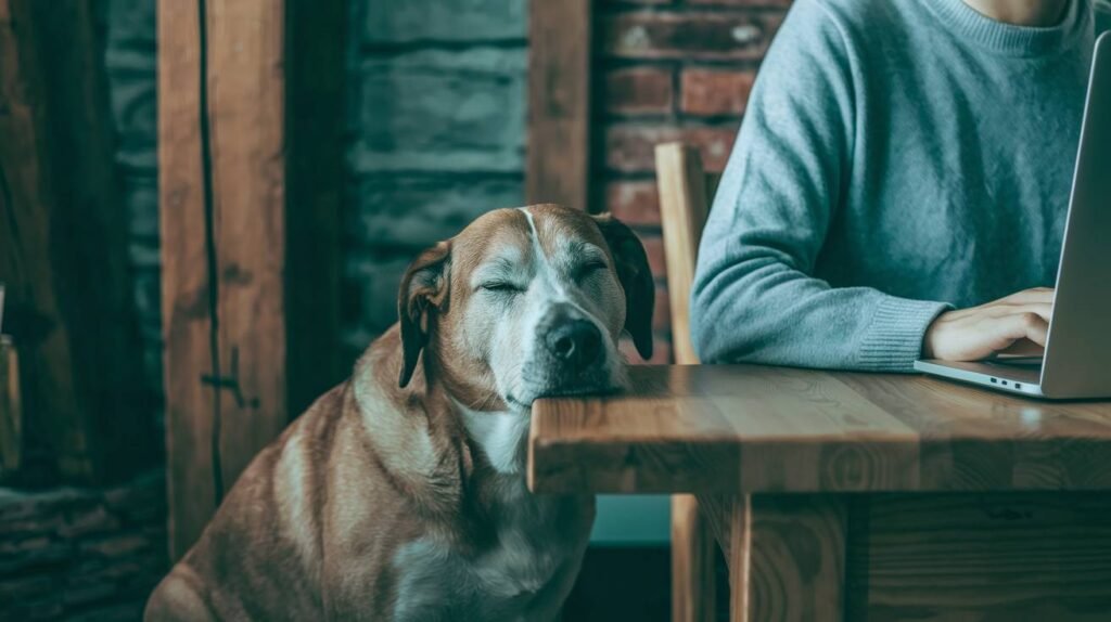 Chien qui s'ennuit à côté de son maître qui travaille devant son ordinateur.